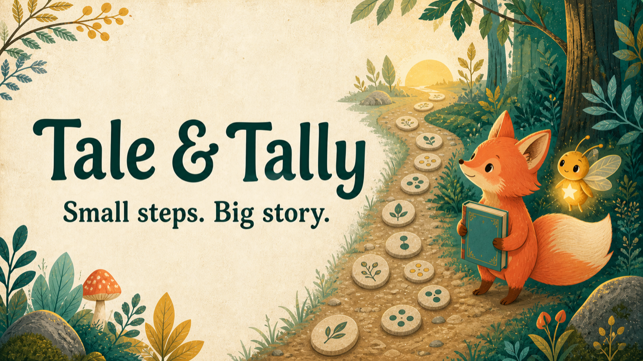 Tale the coral fox and Tally the golden firefly beside a forest learning path